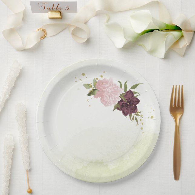 Plato De Papel boda flores rosadas verde cabernet (Boda)