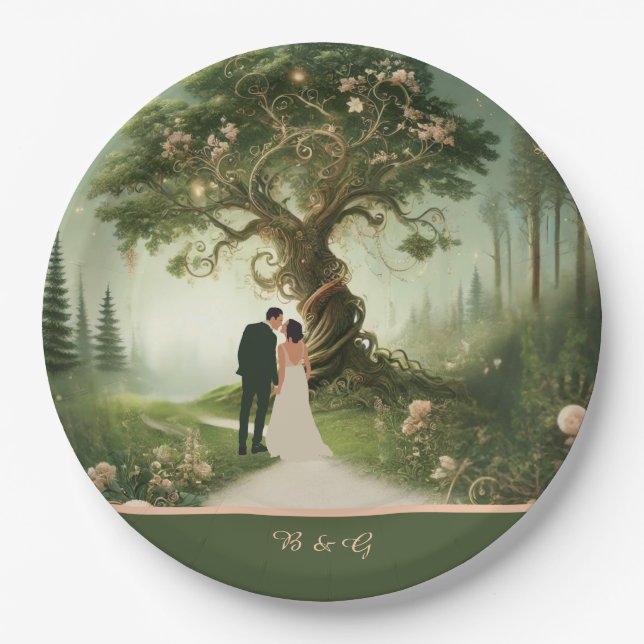 Plato De Papel boda Forestal Medieval Verde (Anverso)