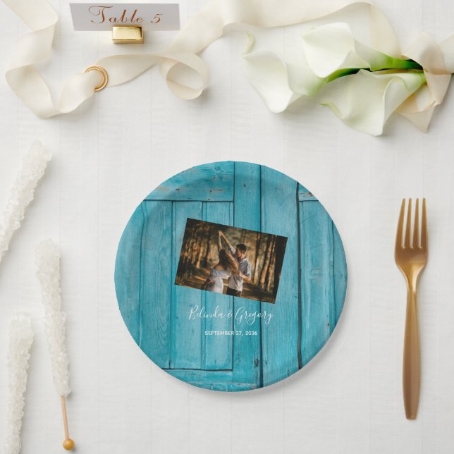 Plato De Papel Boda fotográfico de madera azul rusa (Boda)