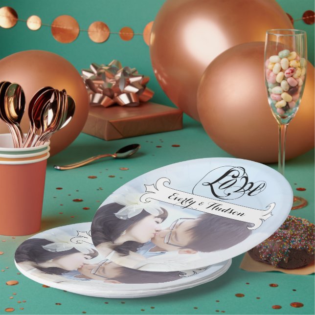 Plato De Papel Boda fotográfico de pancartas antiguas personaliza (Multi)