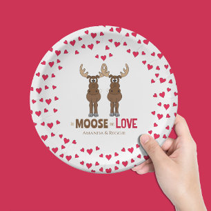 Plato De Papel Boda Funny Moose Red Hearts Whimsical