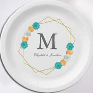 Plato De Papel Boda geométrico floral Verde azulado naranja