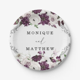 Plato De Papel Boda Geométrico Plateado de Rosas Blancas Violetas