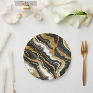 Plato De Papel Boda Glam Aspecto Mármol Negro Blanco Dorado Chic