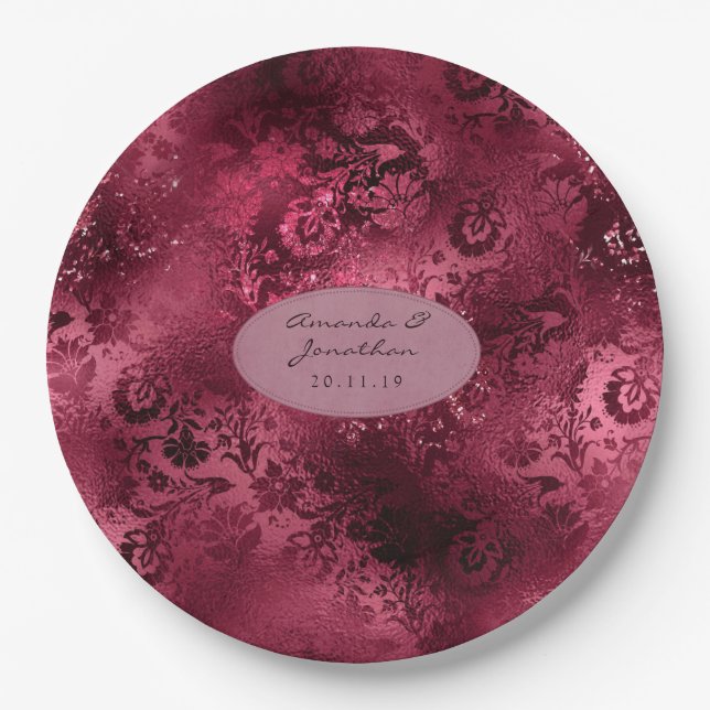 Plato De Papel Boda Glam Burgundy Foil Glitter Damask (Anverso)