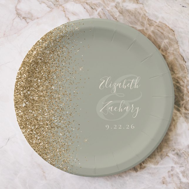 Plato De Papel Boda Glitter Dorado Verde Sage Moderno (Subido por el creador)