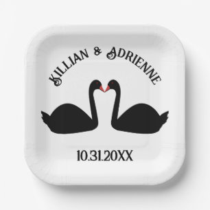 Plato De Papel Boda Gótica Besándose Cisnes Negros Personalizado