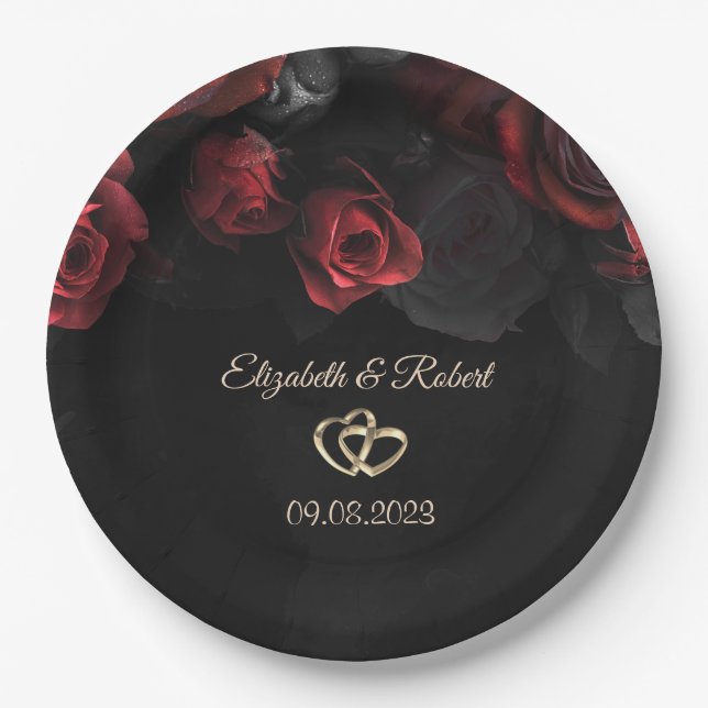 Plato De Papel Boda Gótica de Rosas Rojas Elegantes (Anverso)