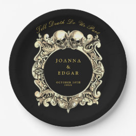 Plato De Papel Boda gótico de Black And Gold Skulls