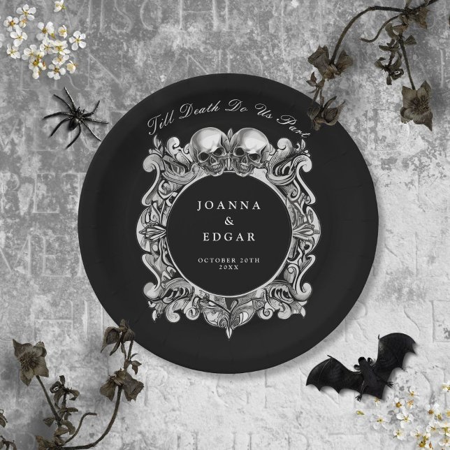 Plato De Papel Boda gótico de cráneos negros y blancos (Black And White Skulls Gothic Wedding Paper Plates)