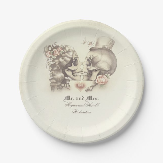 Plato De Papel Boda gótico de la pareja de cráneo (Anverso)