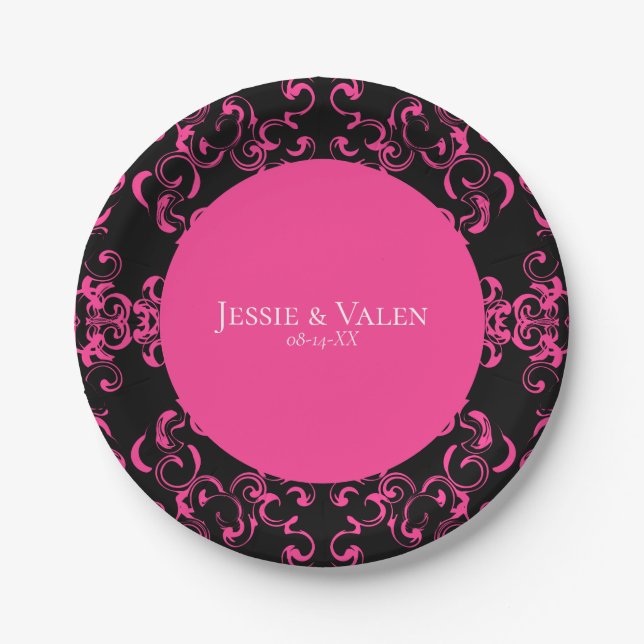 Plato De Papel Boda gótico de Swirl Hot Pink and Black Swirl (Anverso)