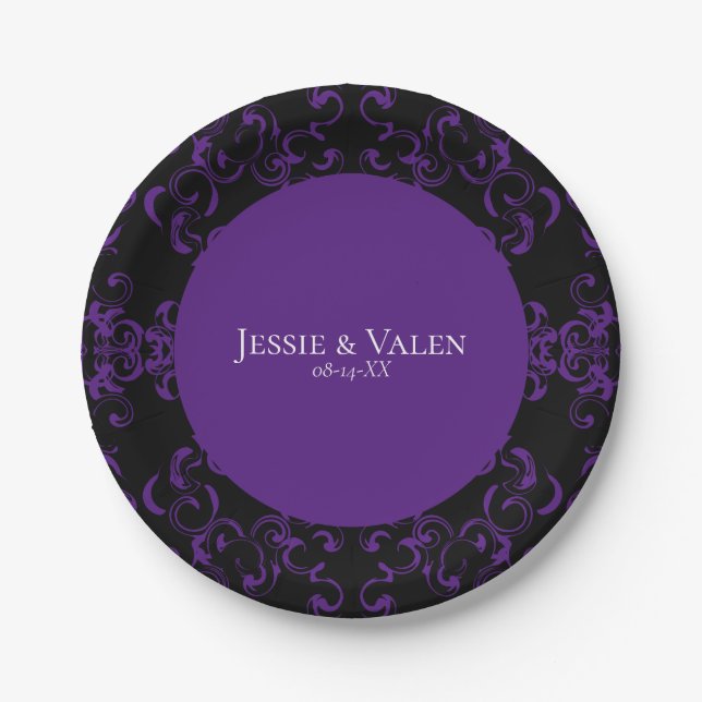 Plato De Papel Boda gótico de Swirl Morado y Negro (Anverso)