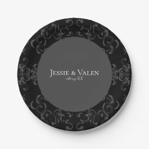 Plato De Papel Boda gótico Gris y negro Swirl