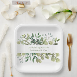 Plato De Papel Boda Greenery Eucalyptus Watercolor Personalize