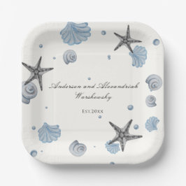 Plato De Papel Boda gris Starfish Blue Shell Beach