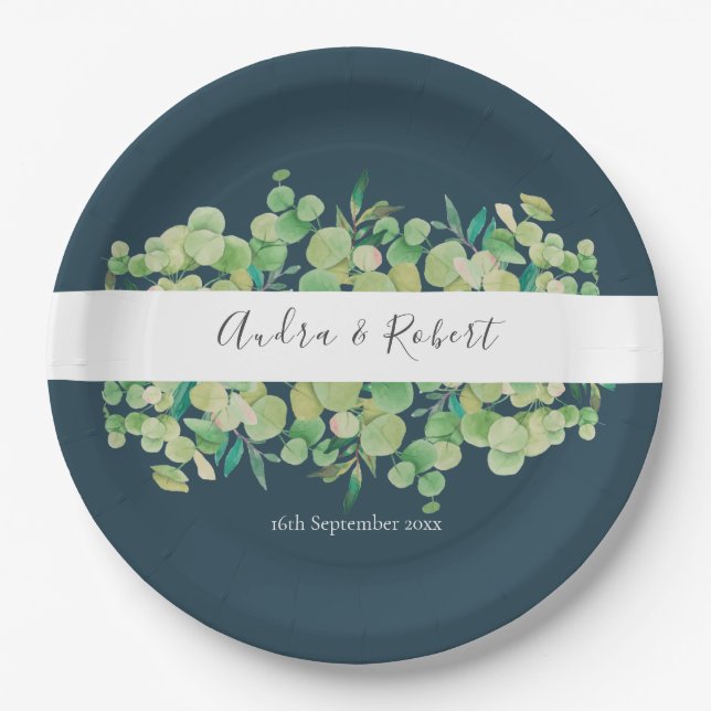 Plato De Papel Boda Guirnalda de Eucalipto Verde (Anverso)