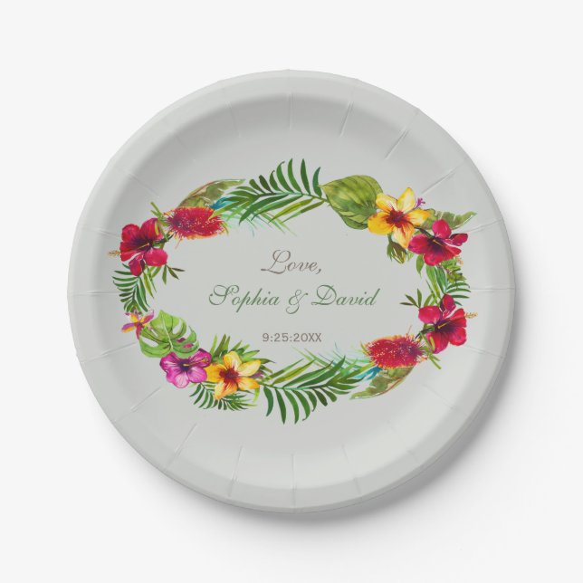 Plato De Papel Boda hawaiano radiante tropical de flores (Anverso)