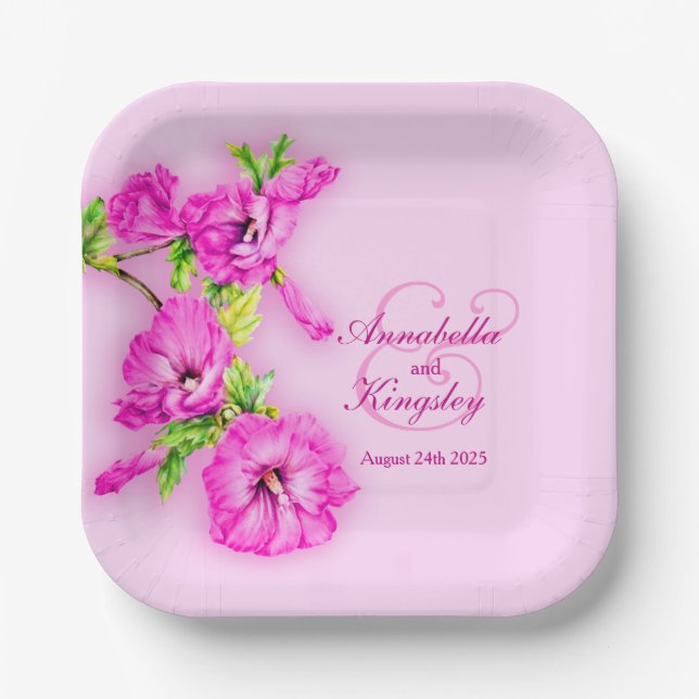 Plato De Papel Boda hibiscus personalizado rosa placa de papel (Anverso)