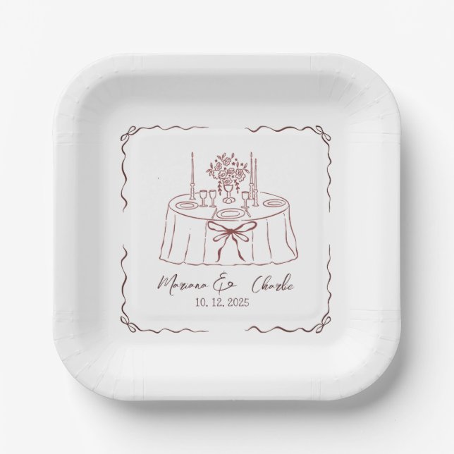 Plato De Papel Boda Ilustrada a Mano con Capricho  (Anverso)