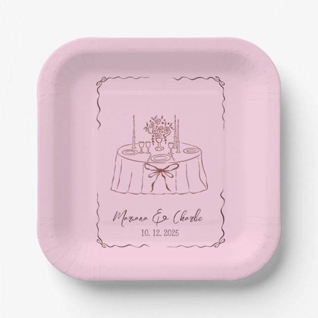 Plato De Papel Boda Ilustrada Caprichosa Rosa  (Anverso)