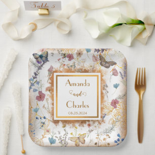 Plato De Papel Boda Jardín de Mariposa de Oro Rosa