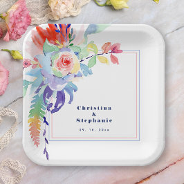 Plato De Papel Boda LGBTQ Floral Colorida Moderna