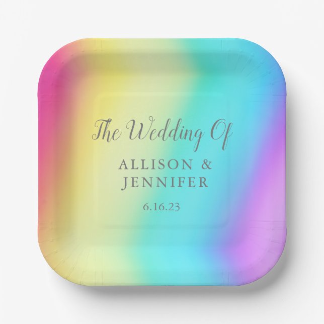 Plato De Papel Boda LGBTQ personalizado con arcoiris bonito (Anverso)