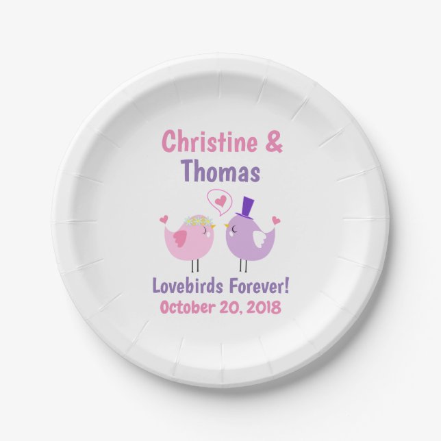 Plato De Papel Boda Lovebirds Cute Púrpura Rosa (Anverso)