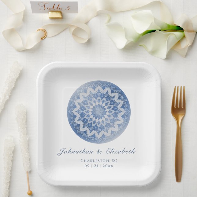 Plato De Papel Boda Mandala de Encaje Azul (Boda)