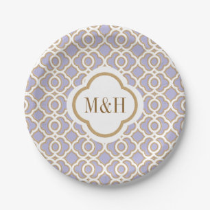 Plato De Papel Boda marroquí con monograma de la lavanda y del