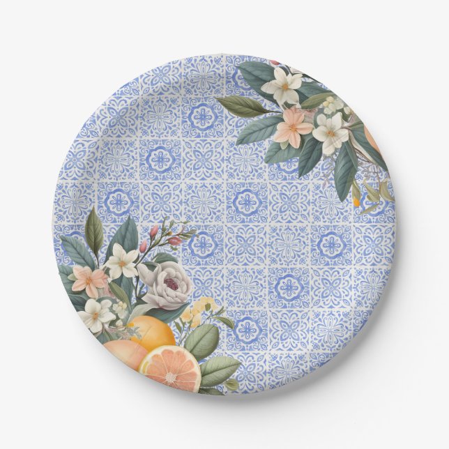 Plato De Papel Boda Mediterránea con Azulejos (Anverso)