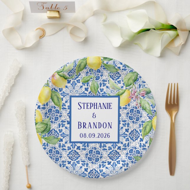 Plato De Papel Boda mediterráneo de lemones de azulejos portugues (Boda)