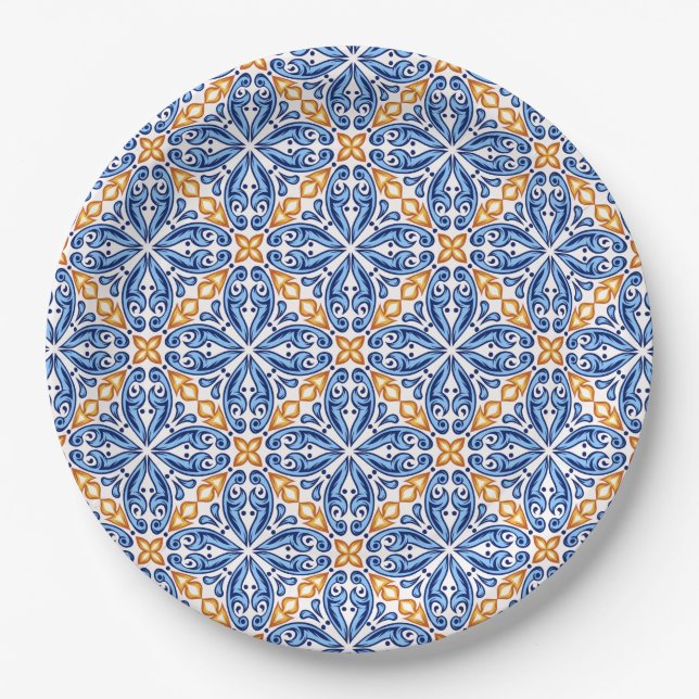 Plato De Papel boda mediterráneo español de mosaico azul (Anverso)