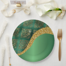 Plato De Papel Boda metálica verde brillo Glam Gold