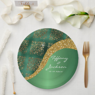 Plato De Papel Boda metálica verde resplandeciente Glam Gold