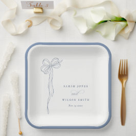 Plato De Papel Boda Minimal Simple Azul Oscuro Coquette Bow