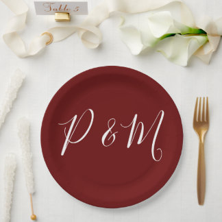 Plato De Papel Boda Minimalista blanco y rojo de Borgoña