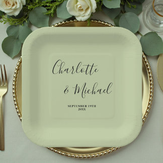 Plato De Papel Boda Minimalista con Letra Elegante Verde Salvia