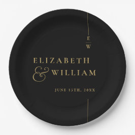 Plato De Papel Boda Minimalista con Monograma en Negro y Dorado