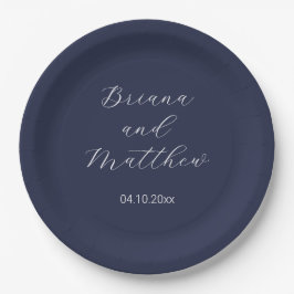 Plato De Papel Boda Minimalista de Letra Caligráfica Azul Marino