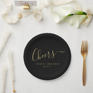 Plato De Papel Boda Minimalista Elegante Negro Oro Personalizado 
