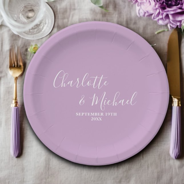 Plato De Papel Boda Minimalista Lilac Purple Script (Subido por el creador)