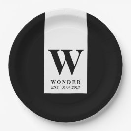 Plato De Papel Boda minimalista | Monograma negro contemporáneo