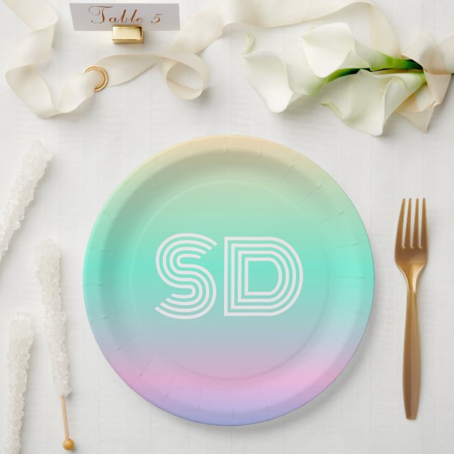 Plato De Papel Boda mínimo de monograma holográfico (Boda)
