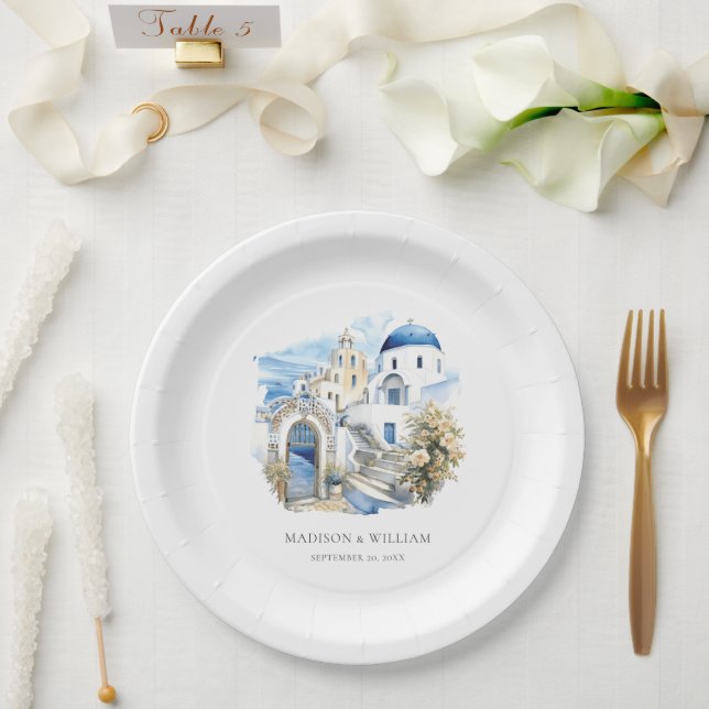 Plato De Papel Boda mínimo personalizado de acuarela de Grecia (Boda)