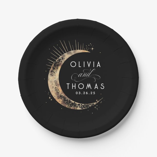 Plato De Papel Boda mística celestial negra y dorada (Anverso)