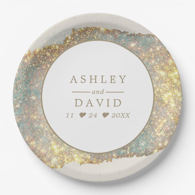 Plato De Papel Boda moderna con brillo iridiscente (Anverso)