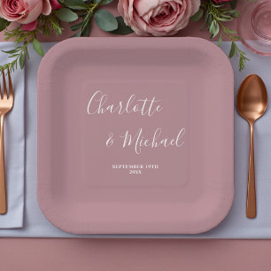 Plato De Papel Boda Moderna con Guión Rosa Polvoriento de Moda