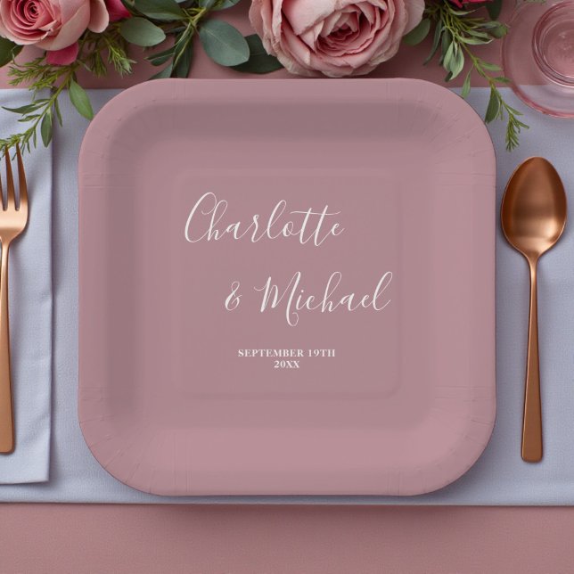 Plato De Papel Boda Moderna con Guión Rosa Polvoriento de Moda (Subido por el creador)